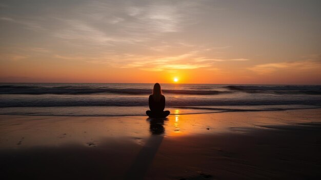 A woman meditates on the beach at sunset Finding harmony and balance mental health