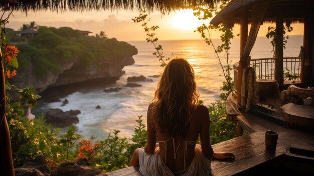 A woman meditates by the sea at sunset