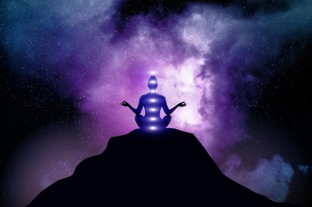 Фото Женщина медитирует в позе лотоса на фоне космического пространства