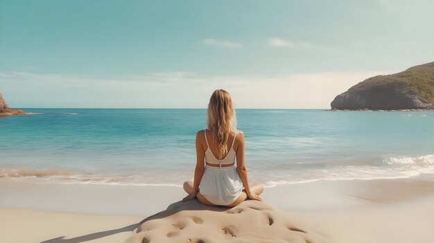 A woman meditates looking at the sea