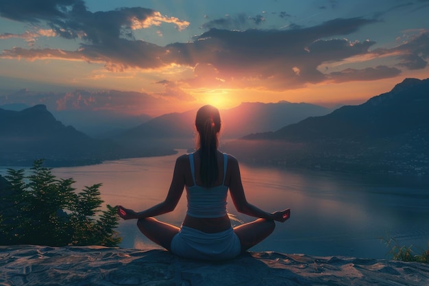 Woman meditates in lotus pose with lake view