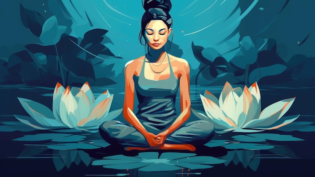 Photo a woman meditates in nature and goes into a trance conceptual illustration for yoga meditation relaxation healthy lifestyle generative ai