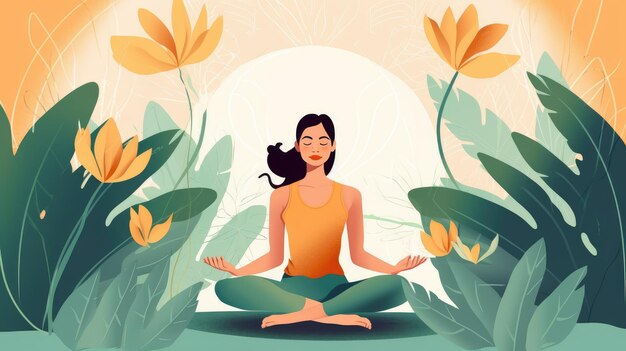 Женщина медитирует на природе и попадает в транс Концептуальная иллюстрация для медитации йоги расслабление здоровый образ жизни Генеративный ИИ