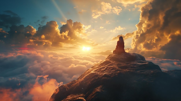 Woman meditates on a rock surrounded by mist and warmth of a sunrise over tranquil mountains