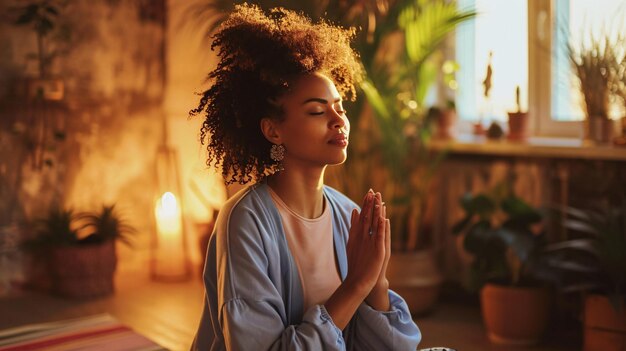 Woman Meditates with Eyes Closed in Tranquil Harmony