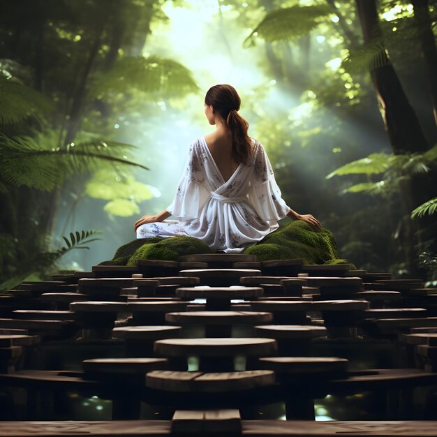 Photo woman meditates on wooden bridge generative ai