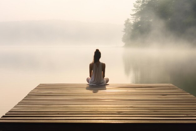 женщина медитирует на деревянном причале у озера