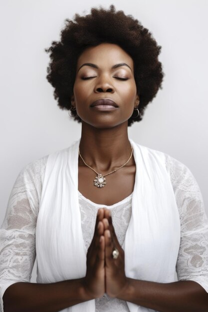 A woman meditating against a white background