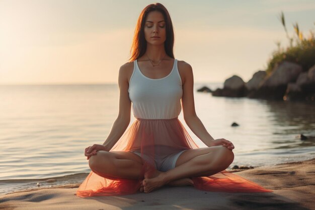 Woman meditating on beach mental health and meditation generative ai