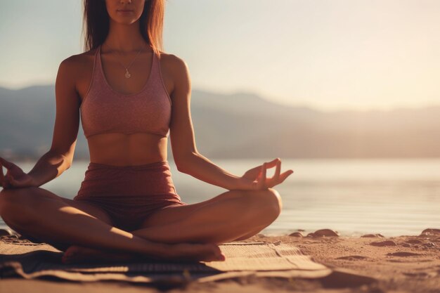 Woman meditating on beach Mental health and meditation Generative AI