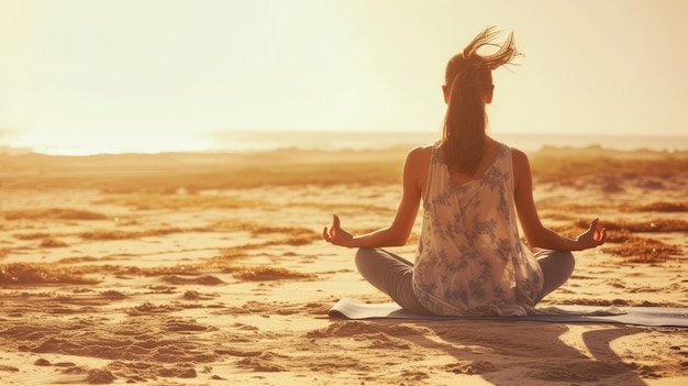 Woman Meditating on Beach at Sunset