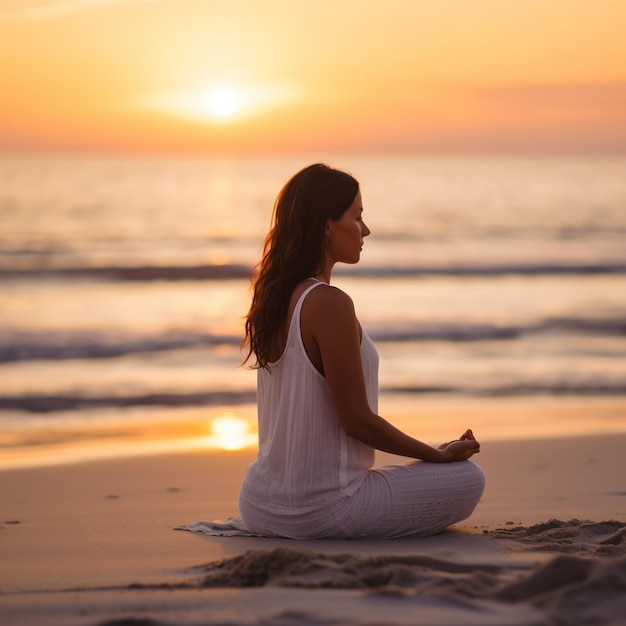 woman meditating on the beach at sunset