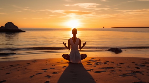 A woman meditating on the beach at sunset