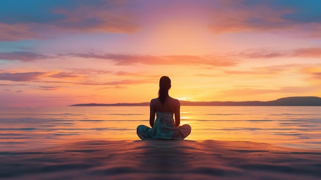 A woman meditating on a beach at sunset