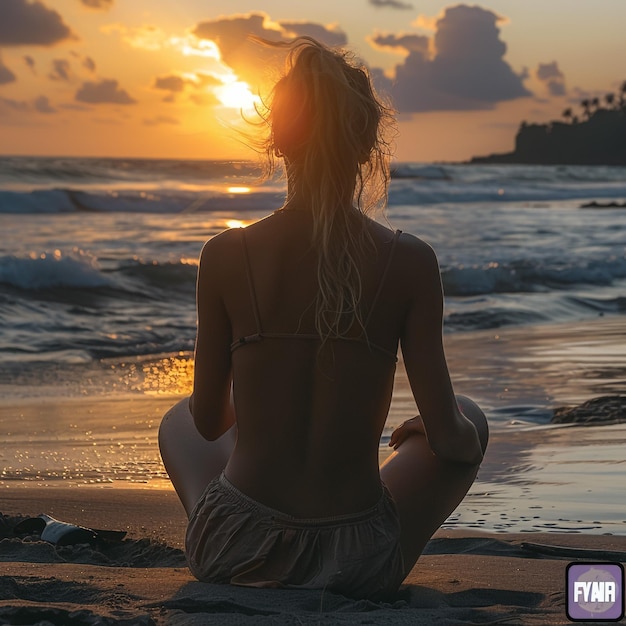 Photo a woman meditating on the beach at sunset