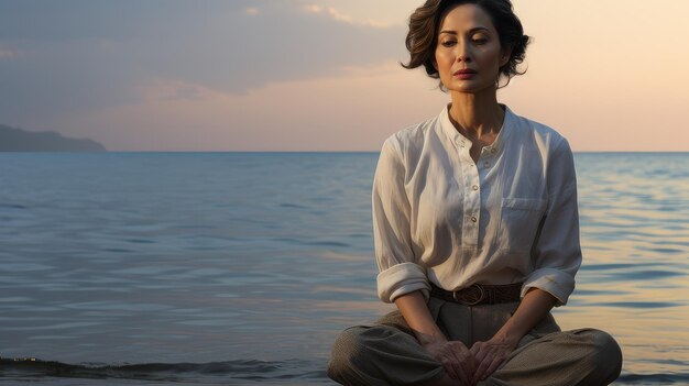 Photo woman meditating on the beach