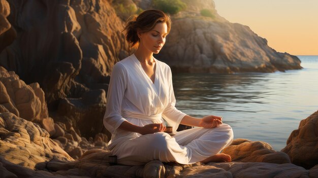 Photo woman meditating on the beach