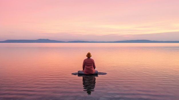 Woman meditating by the lake