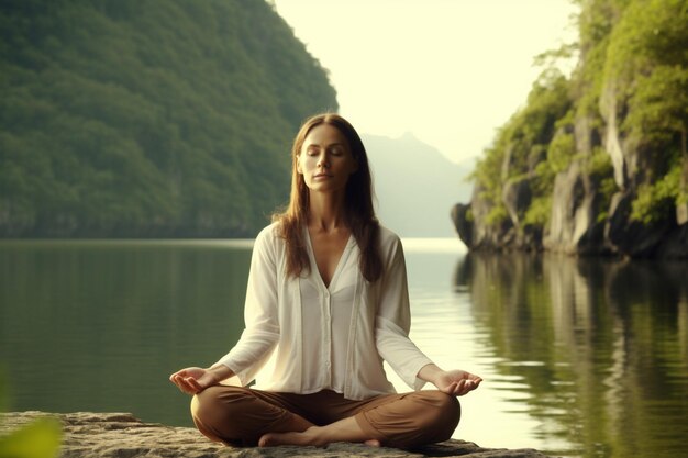 Женщина медитирует у спокойного озера с потрясающим отражением