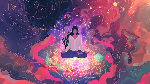 woman meditating in a colorful abstract galaxy