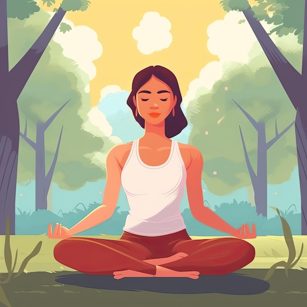 A woman meditating in a forest with trees in the background.