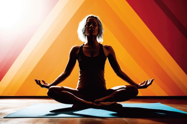 A woman meditating in front of a colorful wall