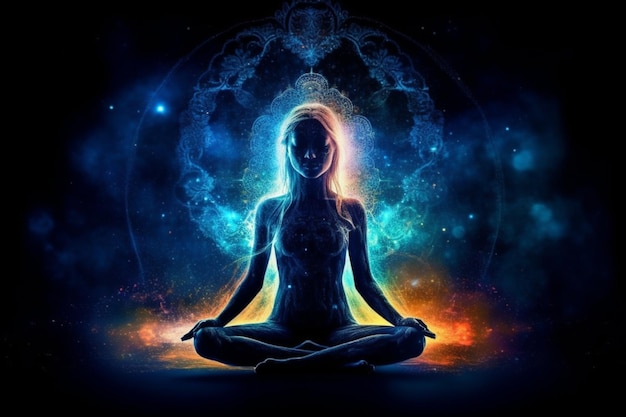 A woman meditating in front of a galaxy background