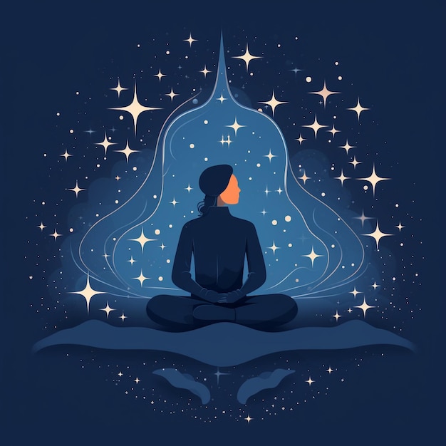 A woman meditating in front of a glowing star.