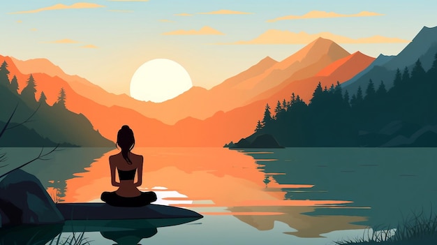 Woman meditating in front of mountain lake at sunset illustration AI Generated