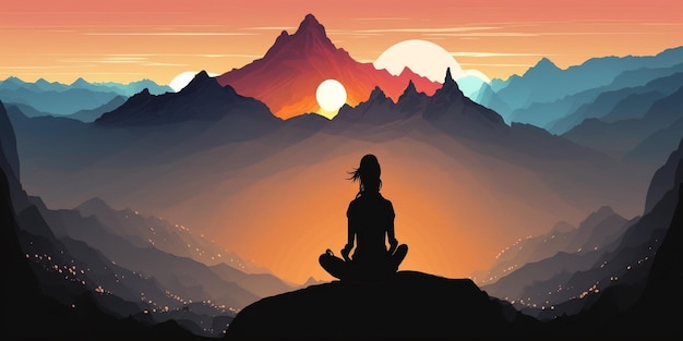 A woman meditating in front of a mountain landscape.