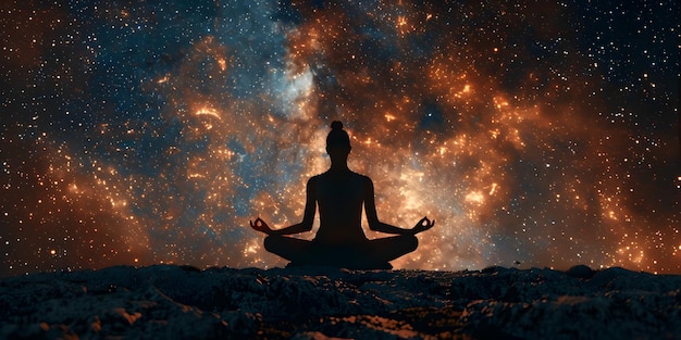 A woman meditating in front of a star filled sky with stars and galaxy in the background