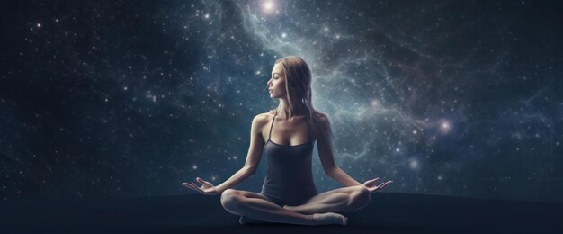 A woman meditating in front of a starry sky