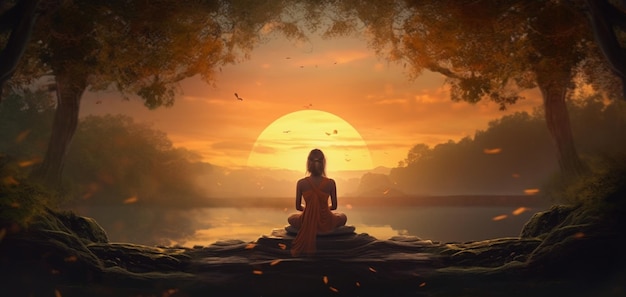 Photo a woman meditating in front of a sunset with the sun setting behind her.