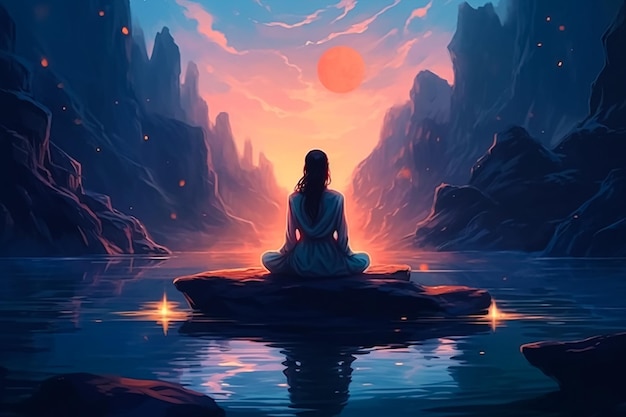 A woman meditating in front of a sunset