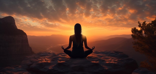 A woman meditating in front of a sunset