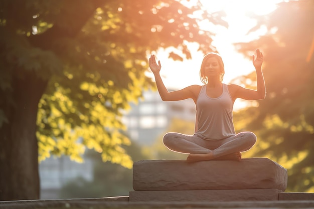 A woman meditating in front of a tree with the sun shining on her shirt