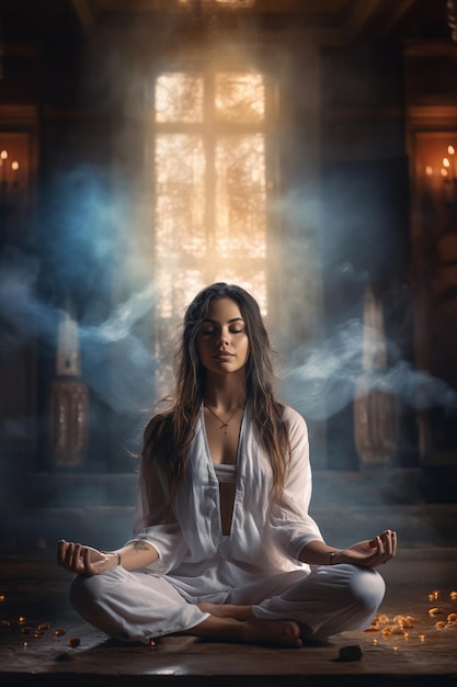 woman meditating in front of a window with the light of a burning candle.