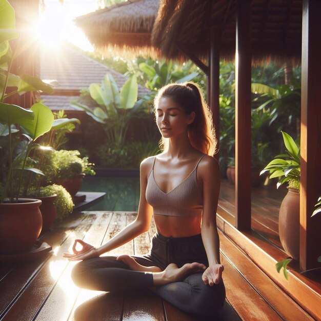 a woman meditating in front of a window with the sun shining through her eyes