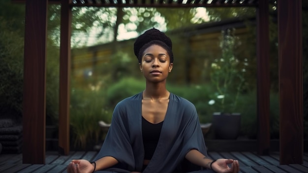 A woman meditating in a garden with a green garden behind her.