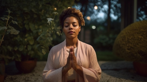 A woman meditating in a garden