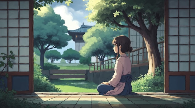 Woman Meditating in a Japanese Garden