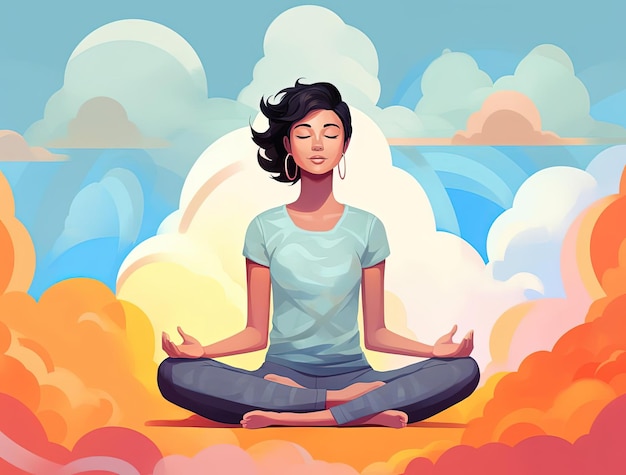 a woman meditating and in light blue background