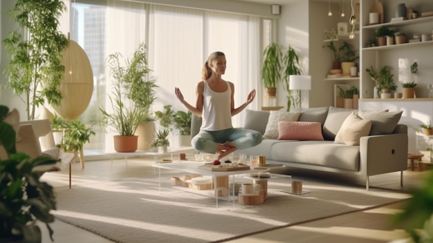 A woman meditating in a living room with a couch and a coffee table.