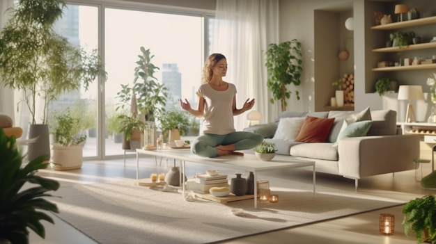 A woman meditating in a living room with a window behind her.