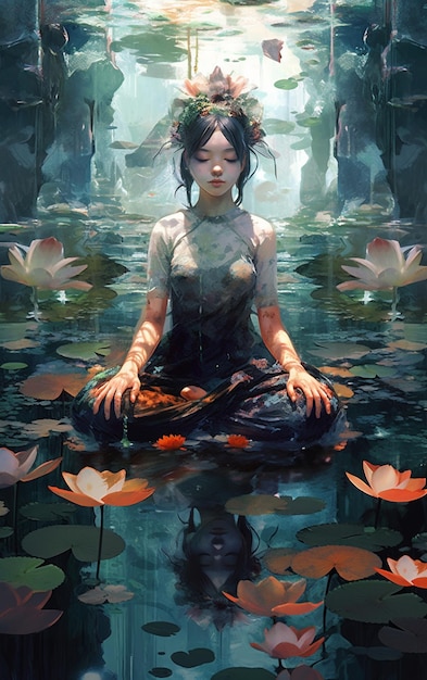 A woman meditating in a lotus pond