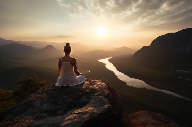 美しい景色を望む崖の上で蓮華座のポーズで瞑想する女性
