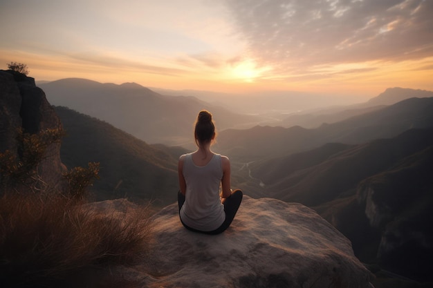 아름다운 산을 바라보며 연꽃 자세로 명상하는 여성