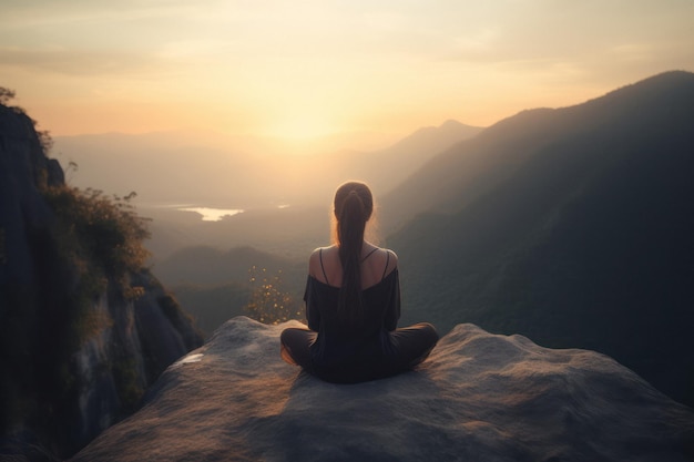 Woman Meditating in Lotus Pose with Scenic Mountain View