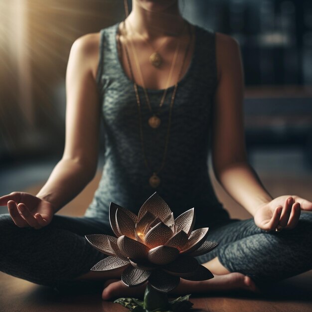 a woman meditating in lotus position with lotus flower in the foreground.