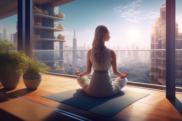 woman meditating on a mat in front of a window with a view of the city.